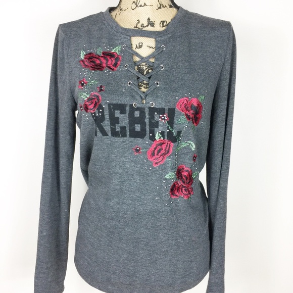 Rock & Republic Tops - Rock & Republic | Grey Rose Embroidered Top